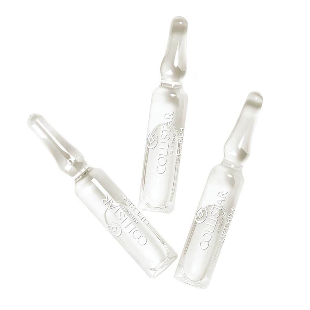 Trois ampoules transparentes. Marque : Collistar. Texte : Lift HD+. Inscription sur les ampoules.