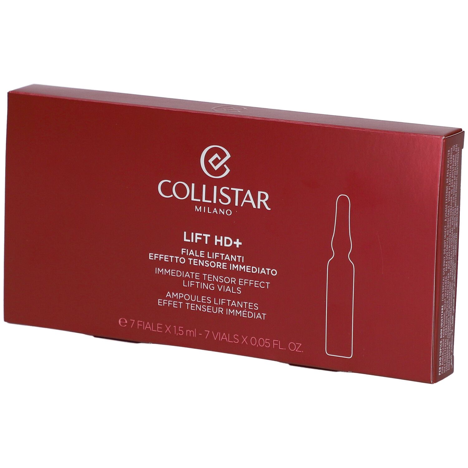 Boîte rouge avec impression du produit. Contient des ampoules. Marque : Collistar Milano. Texte : Lift HD+.
