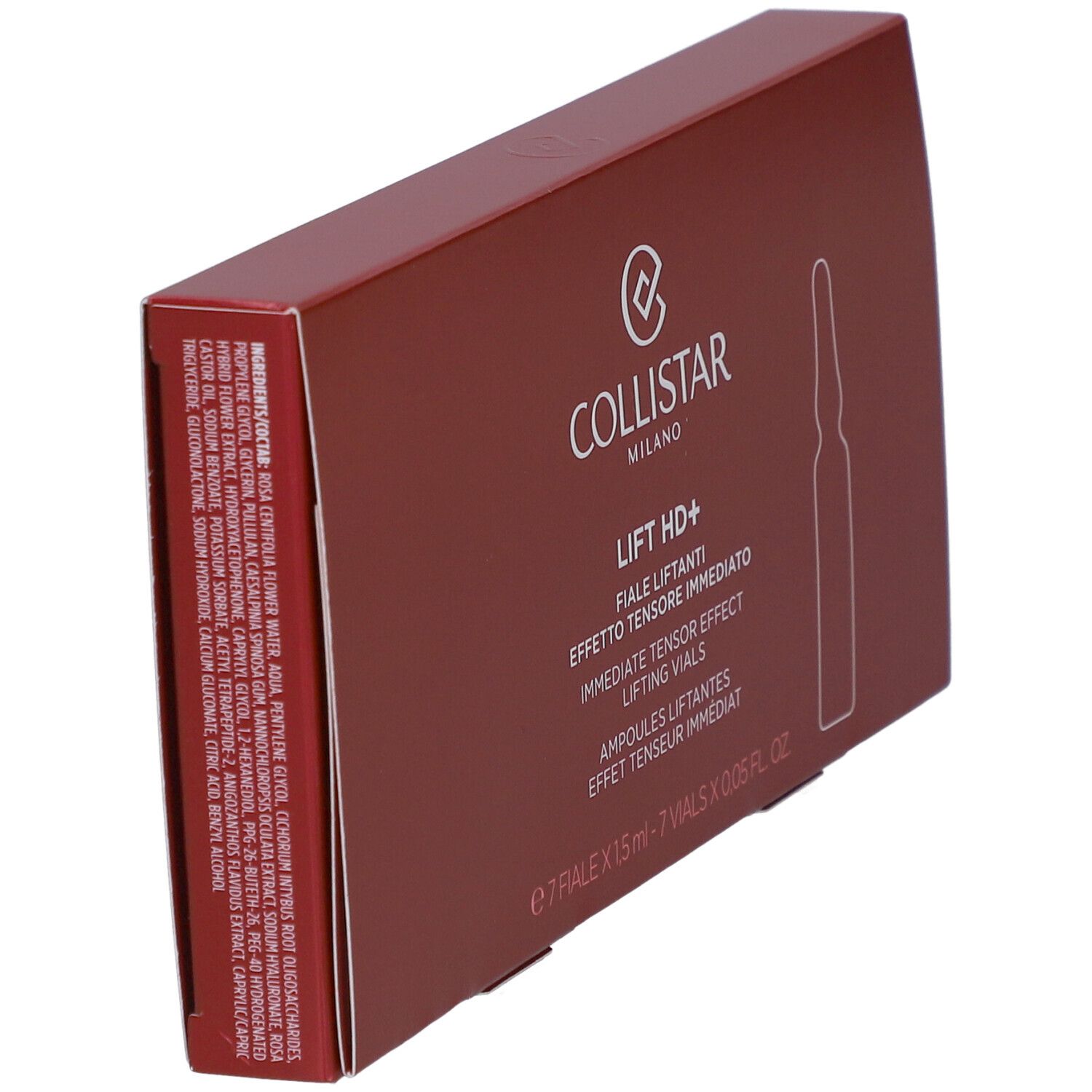Boîte rouge en biais. Marque : Collistar Milano. Texte : Lift HD+. Contient des ampoules. Ingrédients sur le côté.