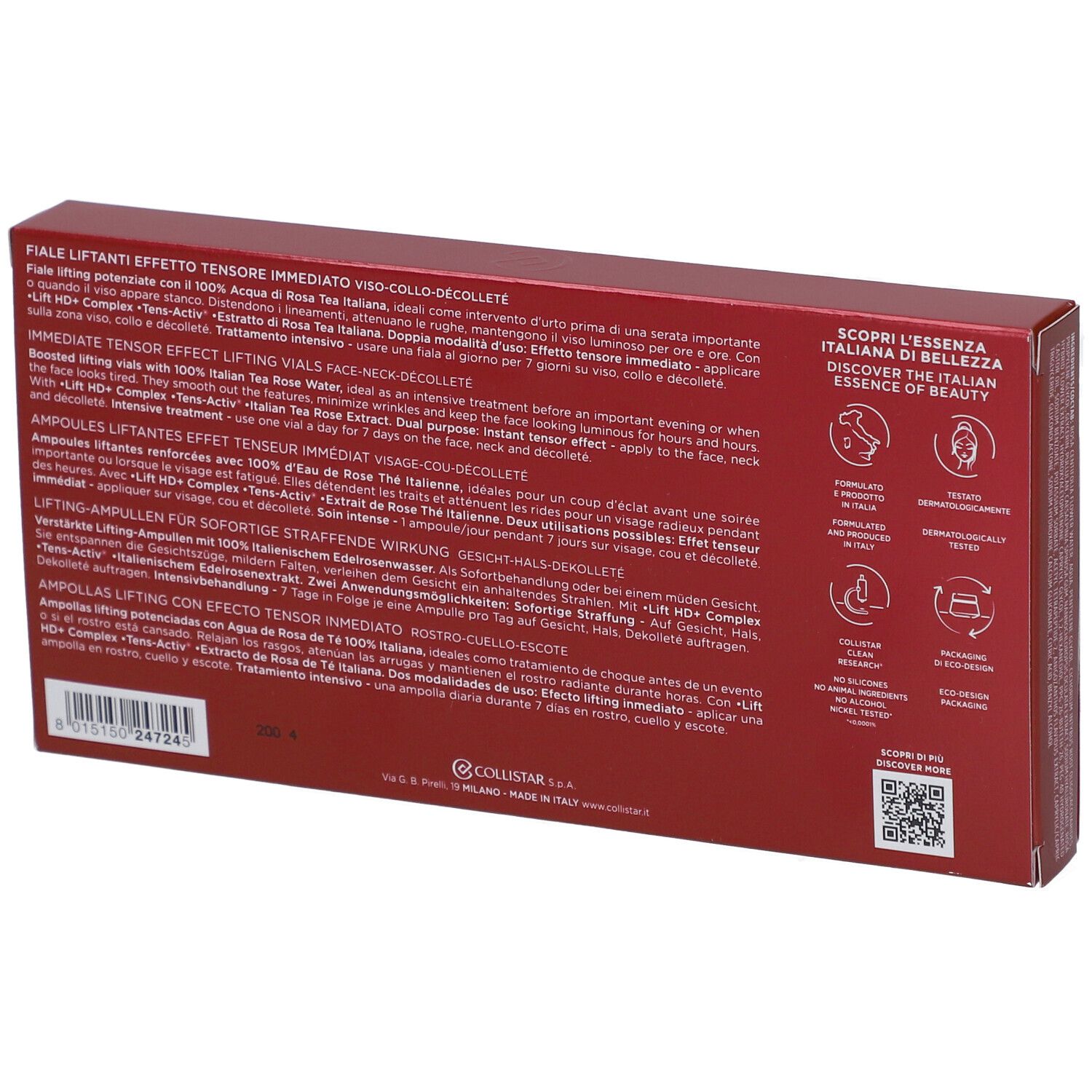 Dos de la boîte rouge. Texte multilingue. Marque : Collistar Milano. Code QR et logos.