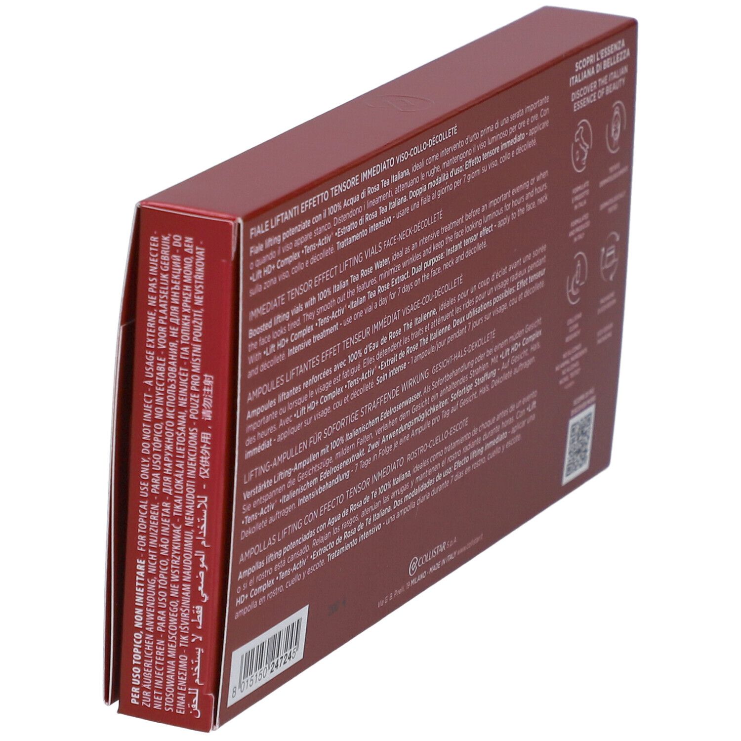 Dos de la boîte rouge. Texte multilingue. Marque : Collistar Milano. Code QR et logos.
