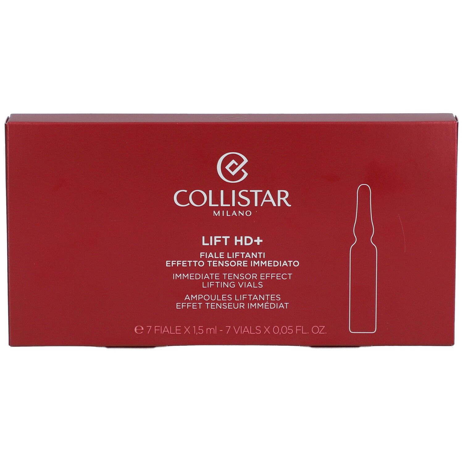 Boîte rouge avec impression du produit. Contient des ampoules. Marque : Collistar Milano. Texte : Lift HD+.