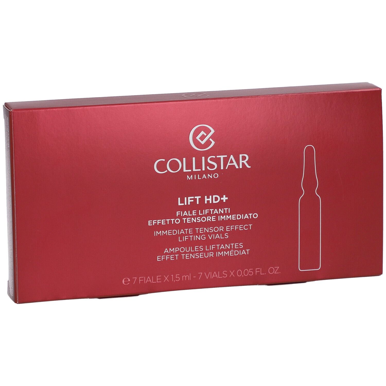 Boîte rouge avec impression du produit. Contient des ampoules. Marque : Collistar Milano. Texte : Lift HD+.