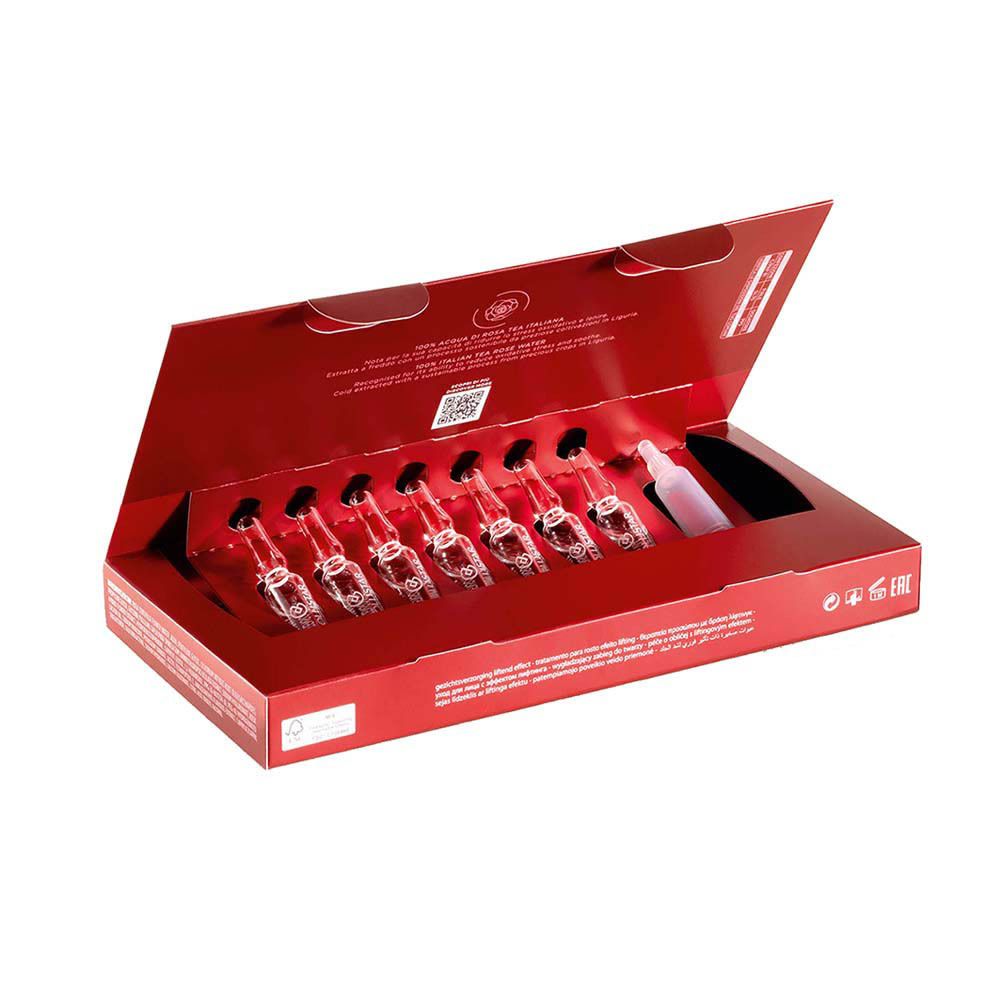 Boîte rouge ouverte avec ampoules. 7 ampoules et un applicateur. Marque : Collistar.