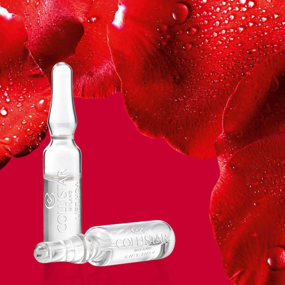 Deux ampoules sur fond rouge avec pétales de rose. Marque : Collistar. Texte : Lift HD+.