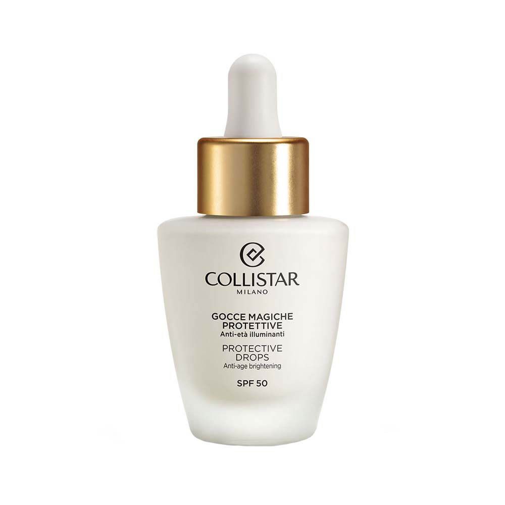 Flacon avec compte-gouttes. Verre blanc mat. Bouchon doré. Inscription : Collistar, Protective Drops, SPF 50.