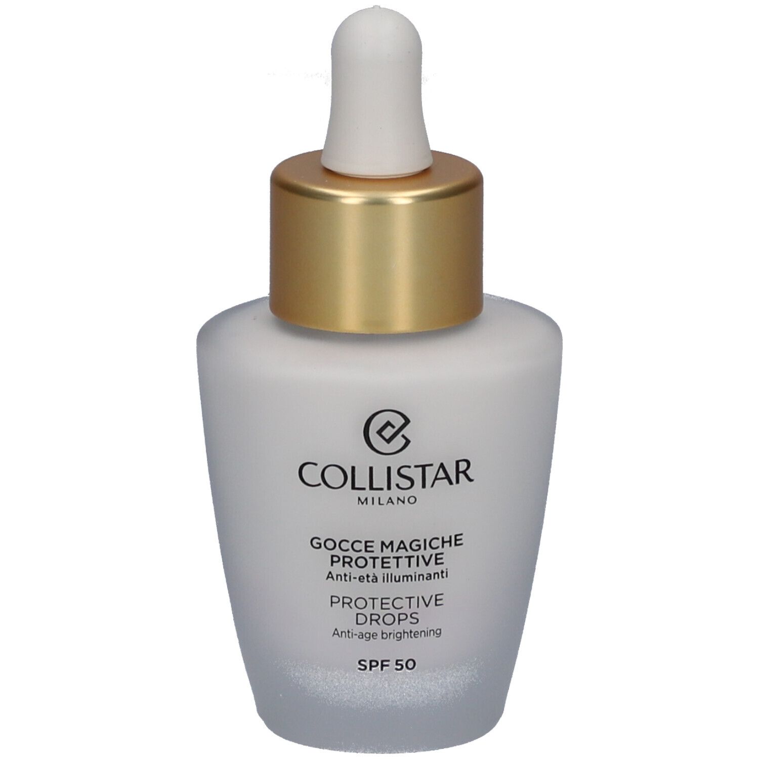 Flakon mit Tropfer. Weißes, mattiertes Glas. Goldfarbener Deckel. Schriftzug: Collistar, Protective Drops, SPF 50.