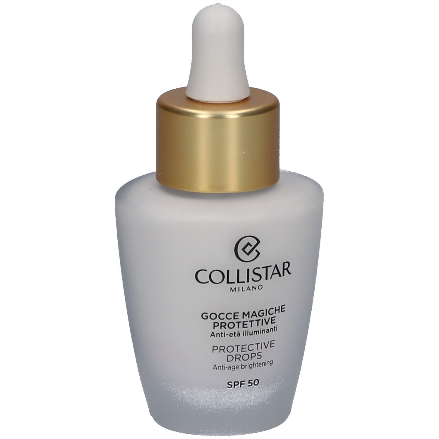 Flakon mit Tropfer. Weißes, mattiertes Glas. Goldfarbener Deckel. Schriftzug: Collistar, Protective Drops, SPF 50.