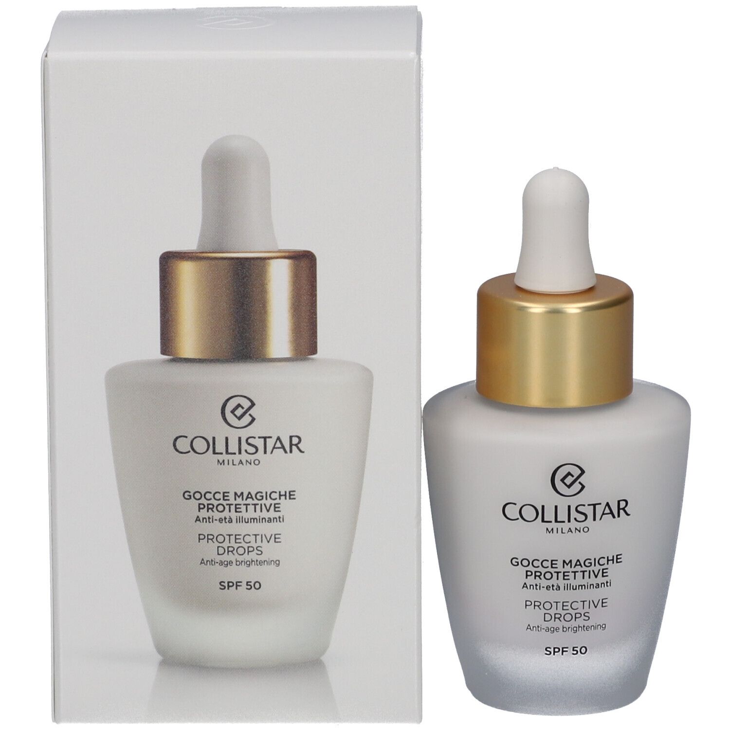 Produkt und Verpackung. Flakon mit Tropfer und Karton. Schriftzug: Collistar, Protective Drops, SPF 50.