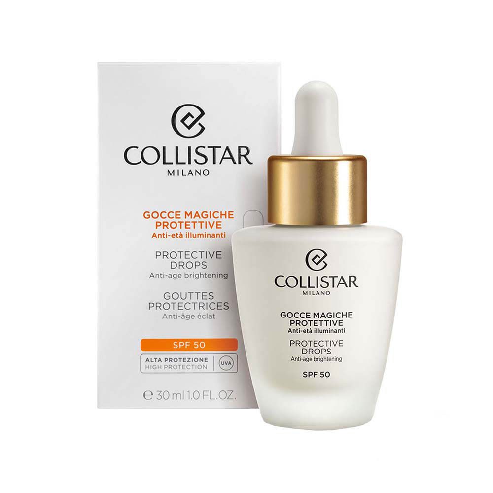 Produit et emballage. Flacon avec compte-gouttes et boîte. Inscription : Collistar, Protective Drops, SPF 50.
