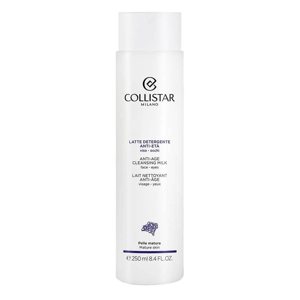 Flacon blanc avec bouchon blanc. Inscription: Collistar Milano, Lait Nettoyant Anti-Âge. 250 ml.