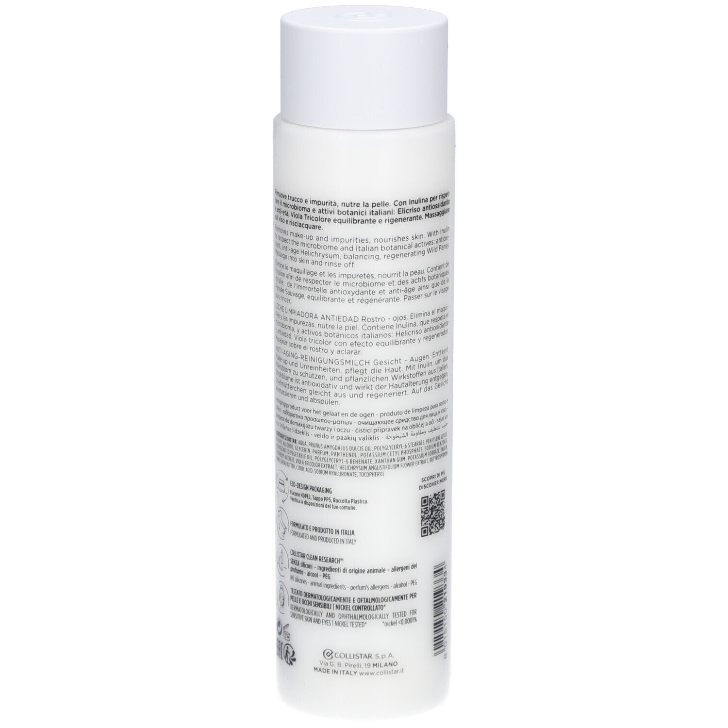 Flacon blanc avec bouchon blanc. Texte au dos. Code QR et code EAN.