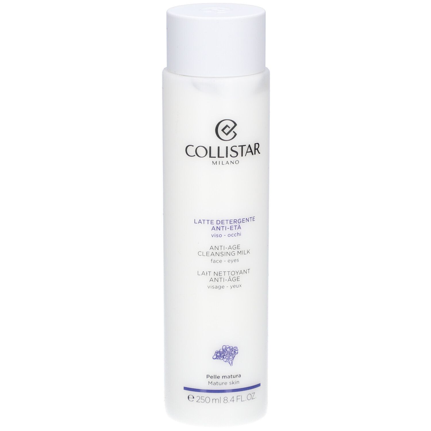 Flacon blanc avec bouchon blanc. Inscription: Collistar Milano, Lait Nettoyant Anti-Âge. 250 ml.