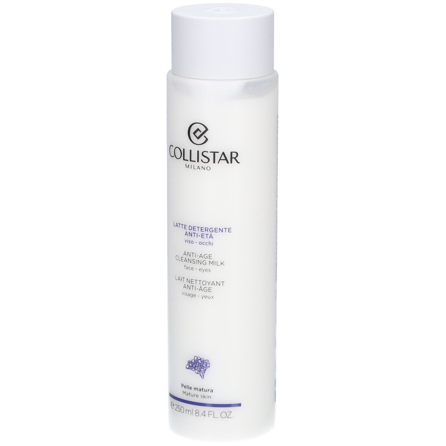 Flacon blanc avec bouchon blanc. Inscription: Collistar Milano, Lait Nettoyant Anti-Âge. 250 ml.