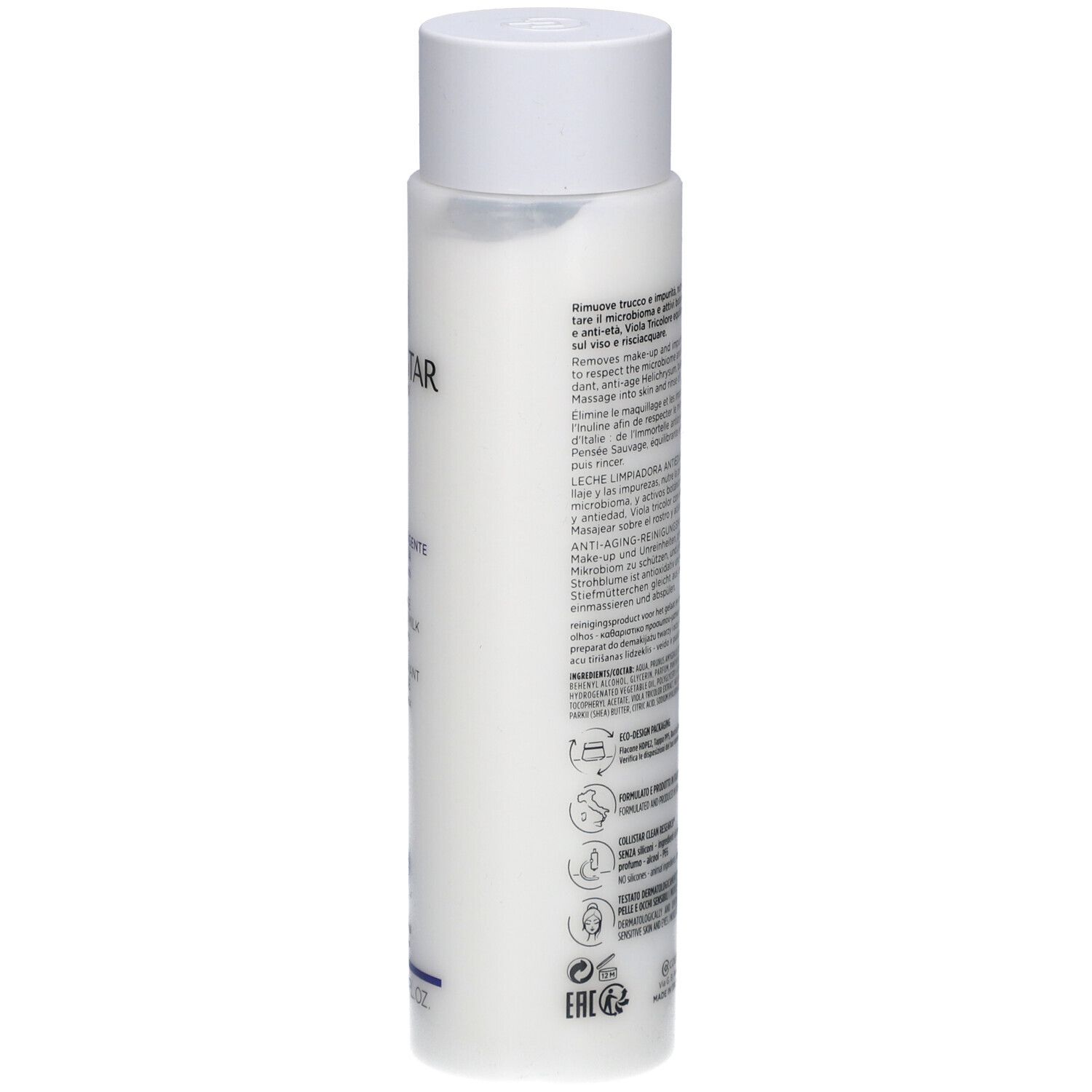Flacon blanc avec bouchon blanc. Texte au dos. Code QR et code EAN.