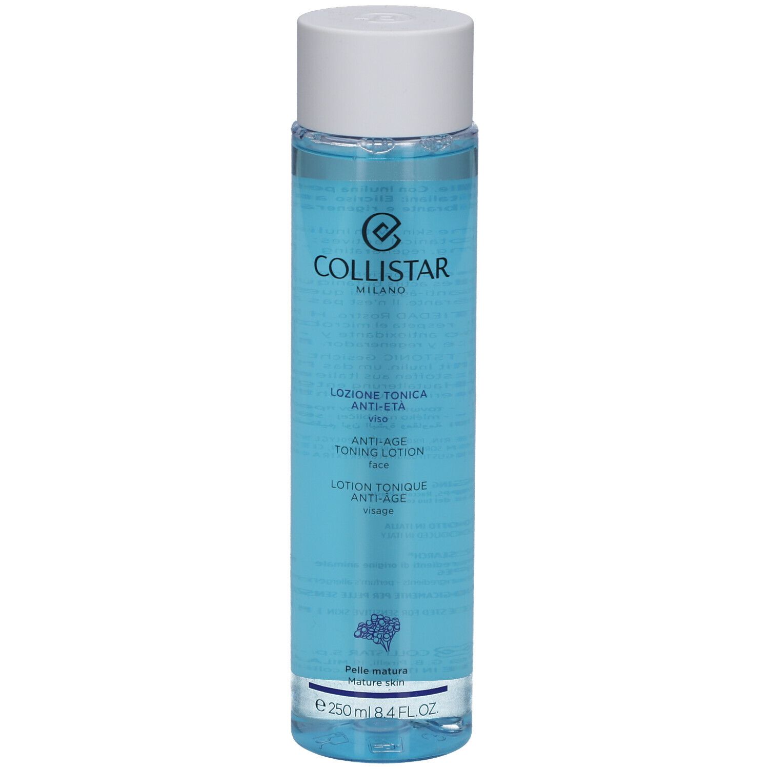 Collistar Lotion Tonique Anti-Âge. Flacon bleu avec bouchon blanc. Texte en italien et français.