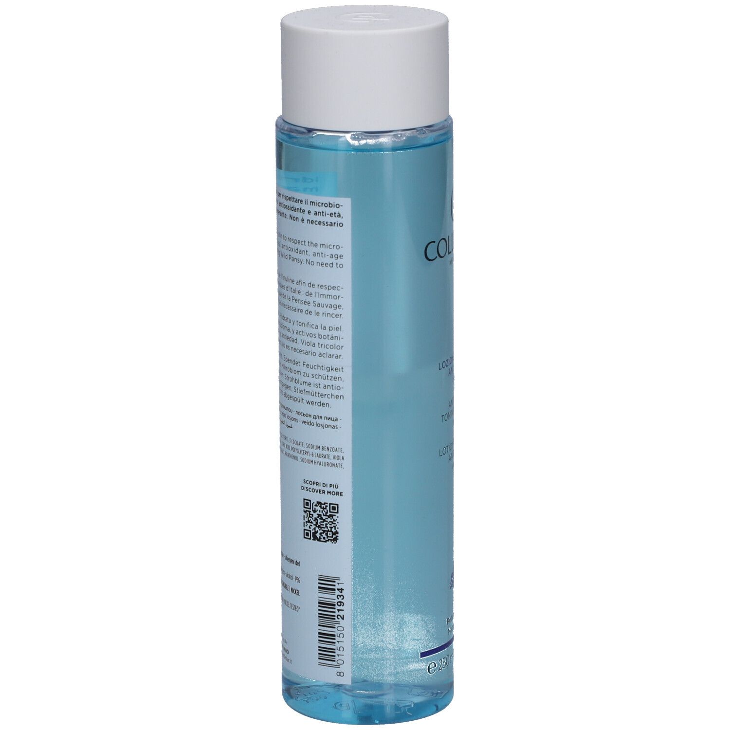 Dos du flacon Collistar Lotion Tonique Anti-Âge. Texte multilingue, code QR.