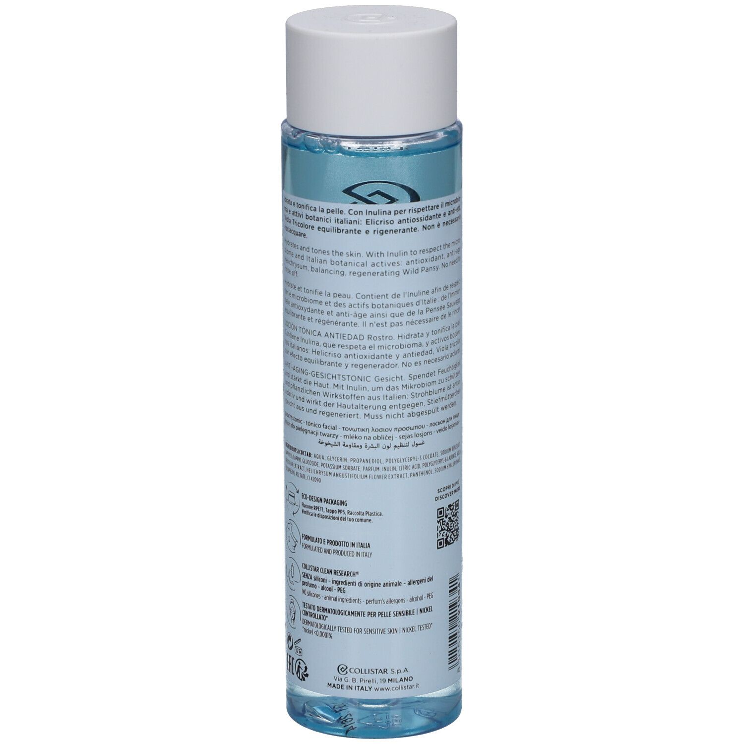 Dos du flacon Collistar Lotion Tonique Anti-Âge. Texte multilingue, code QR.