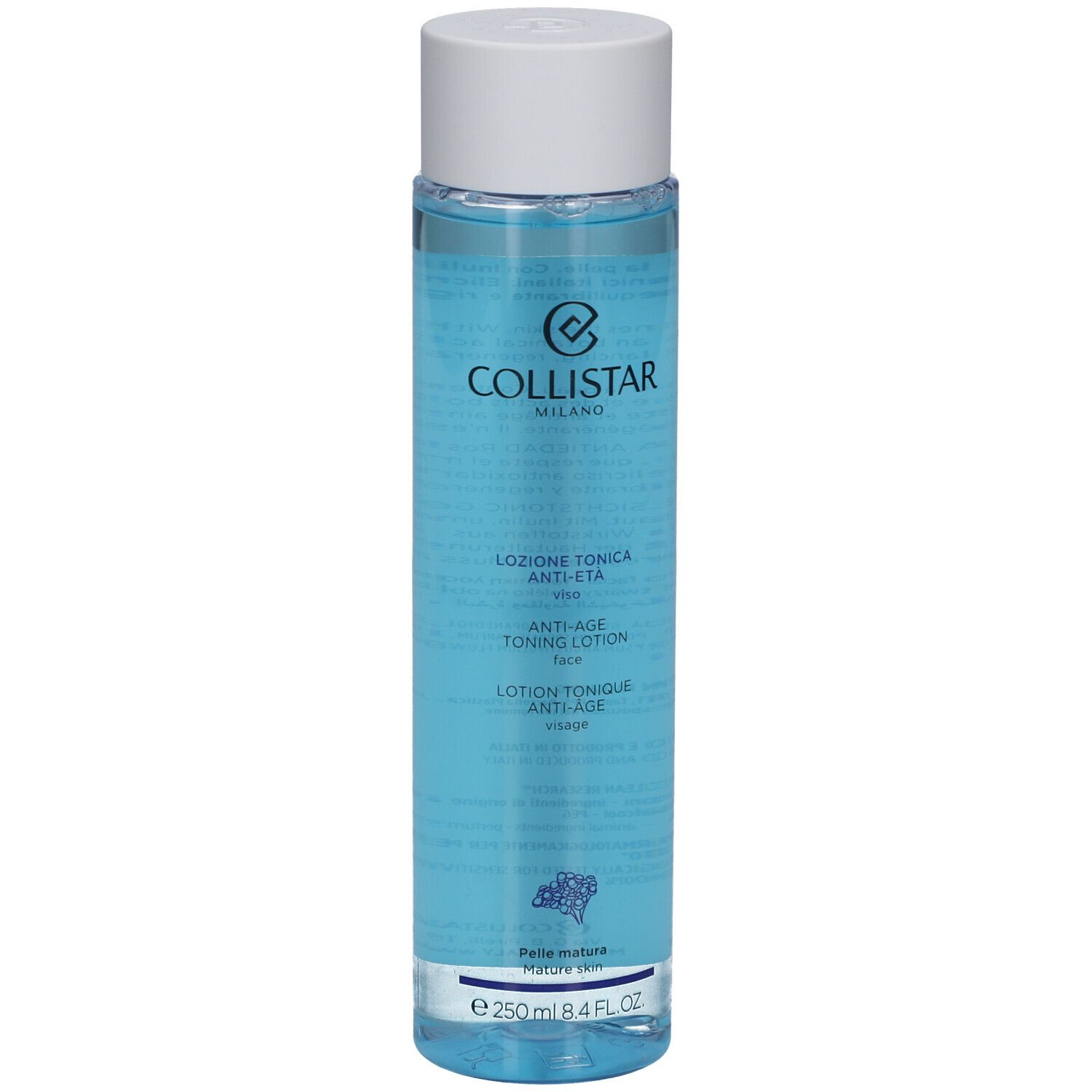 Collistar Lotion Tonique Anti-Âge. Flacon bleu avec bouchon blanc. Texte en italien et français.