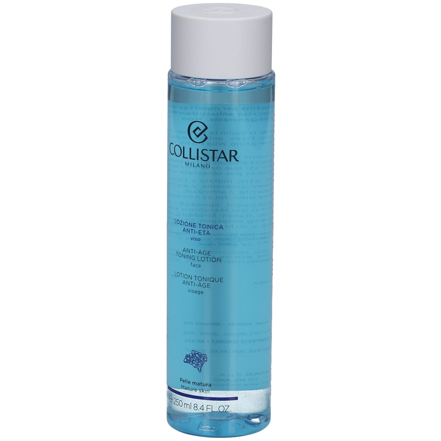 Collistar Lotion Tonique Anti-Âge. Flacon bleu avec bouchon blanc. Texte en italien et français.