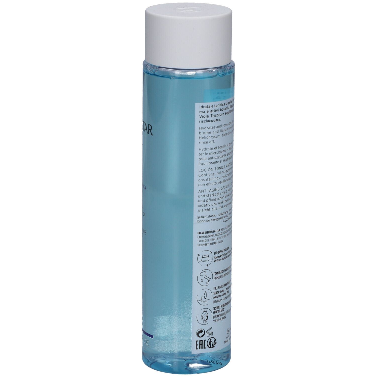 Dos du flacon Collistar Lotion Tonique Anti-Âge. Texte multilingue, code QR.