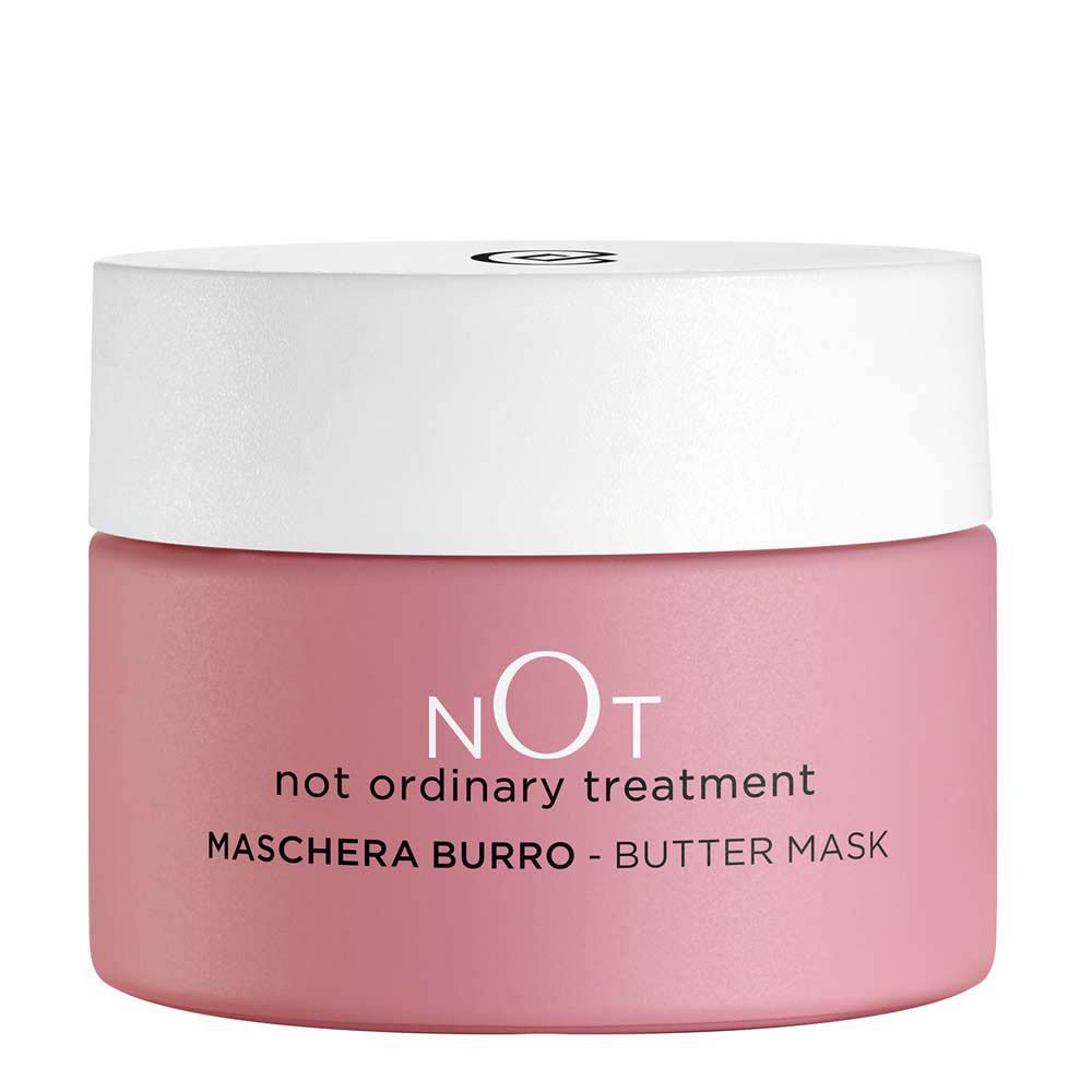 Pot rose avec couvercle blanc. Inscription : NOT, not ordinary treatment, MASCHERA BURRO - BUTTER MASK.