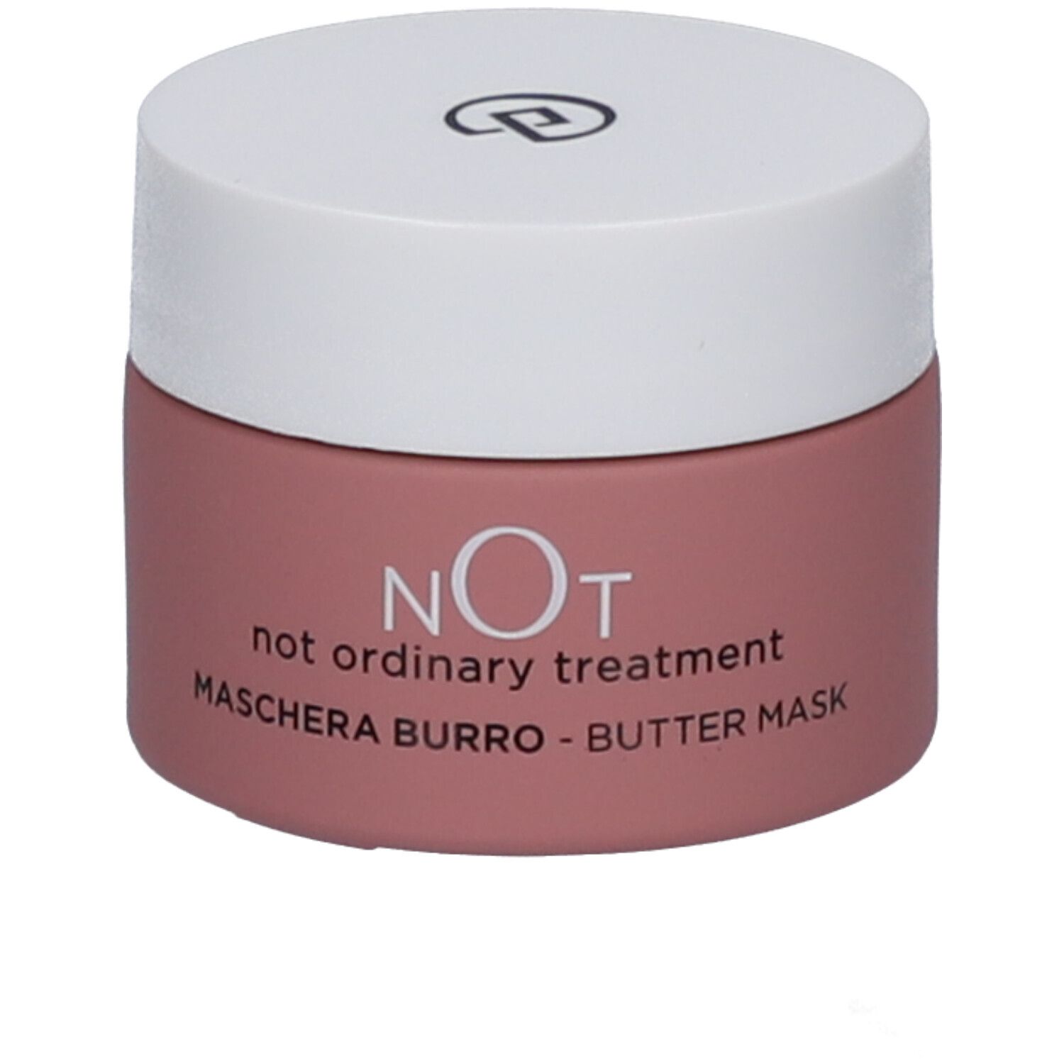 Rosa Tiegel mit weißem Deckel. Aufschrift: NOT, not ordinary treatment, MASCHERA BURRO - BUTTER MASK.