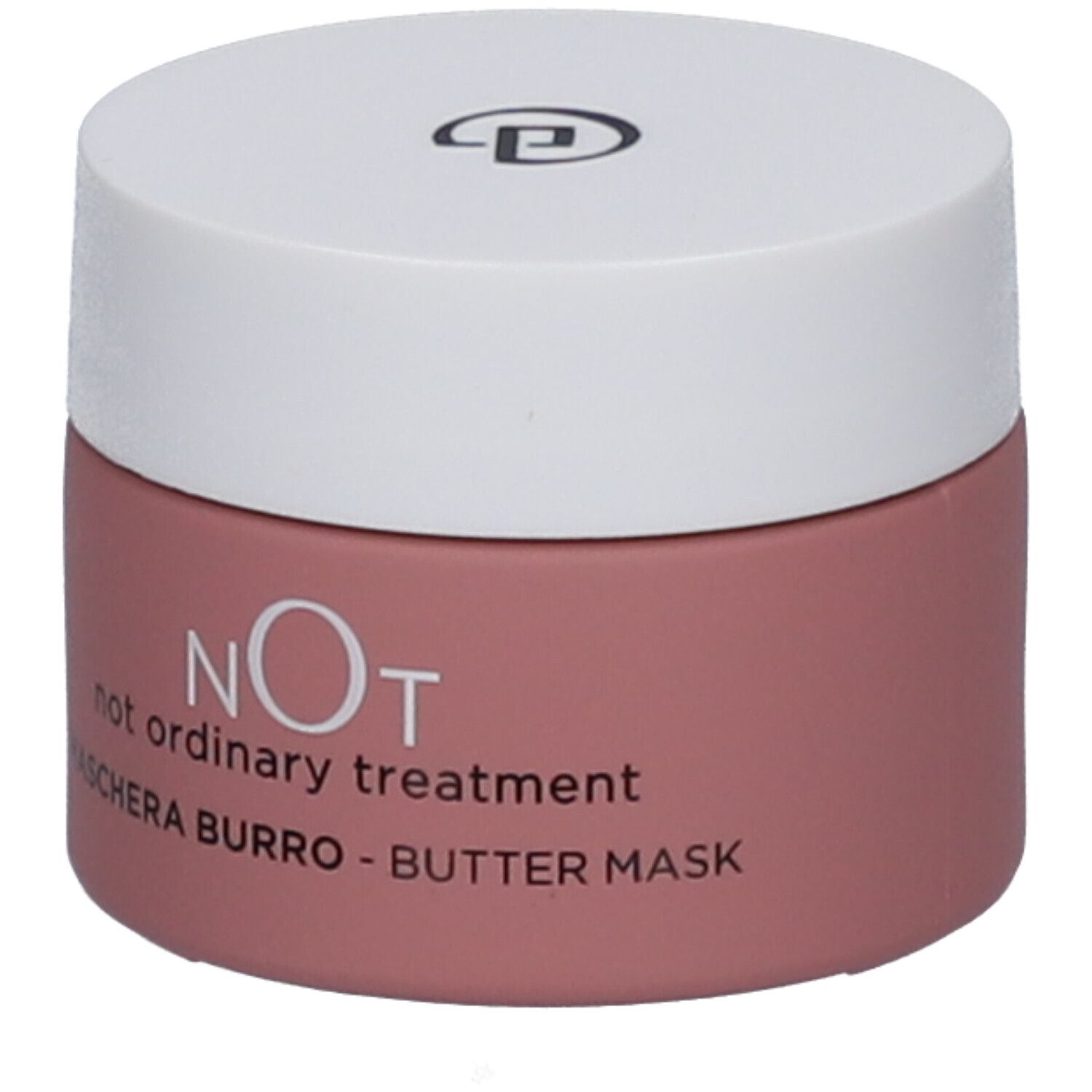 Rosa Tiegel mit weißem Deckel. Aufschrift: NOT, not ordinary treatment, MASCHERA BURRO - BUTTER MASK.
