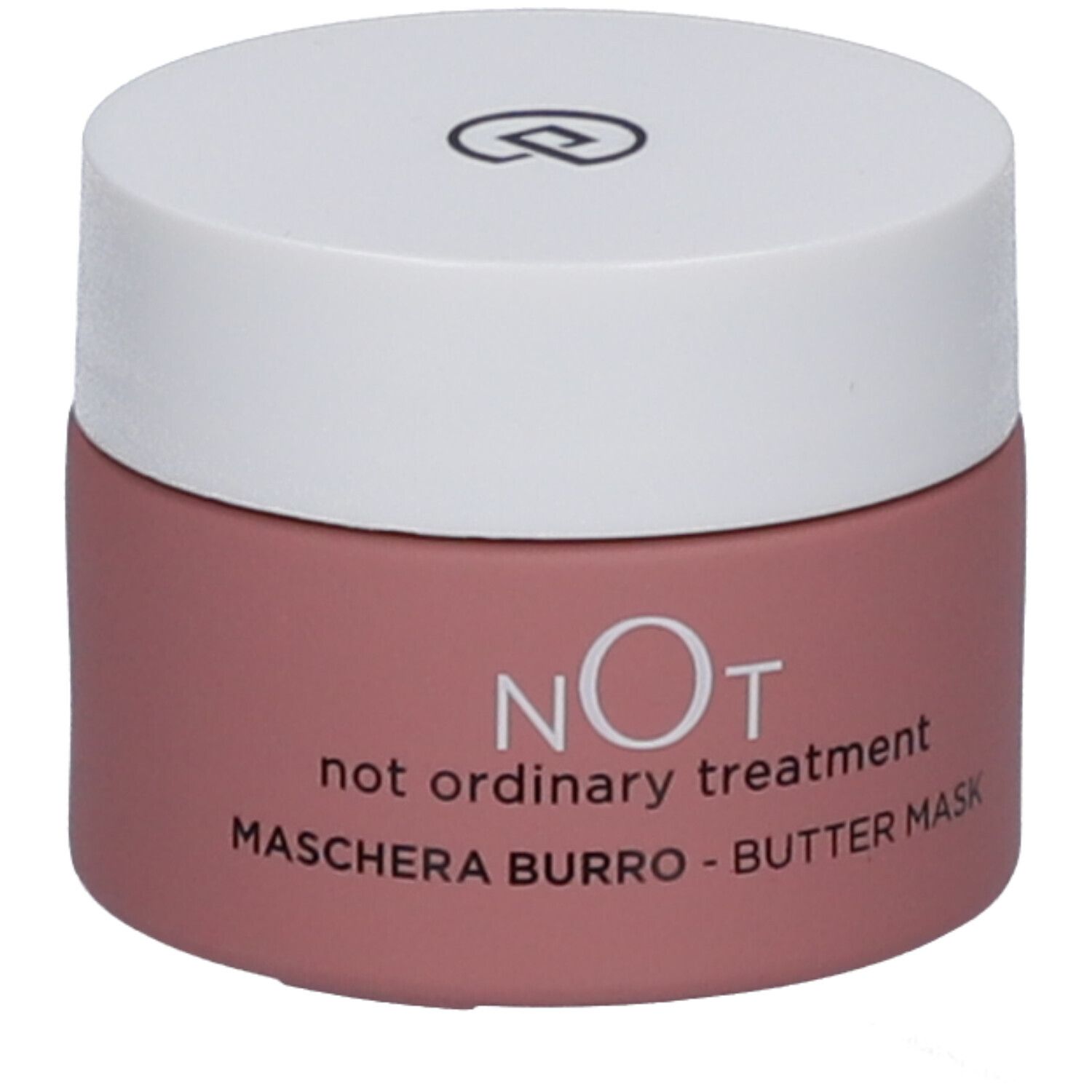 Rosa Tiegel mit weißem Deckel. Aufschrift: NOT, not ordinary treatment, MASCHERA BURRO - BUTTER MASK.