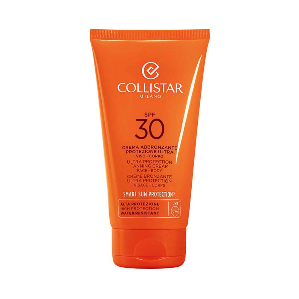 Tube orange avec texte blanc. Contient SPF 30. Marque : Collistar Milano. Texte : Ultra Protection Tanning Cream.