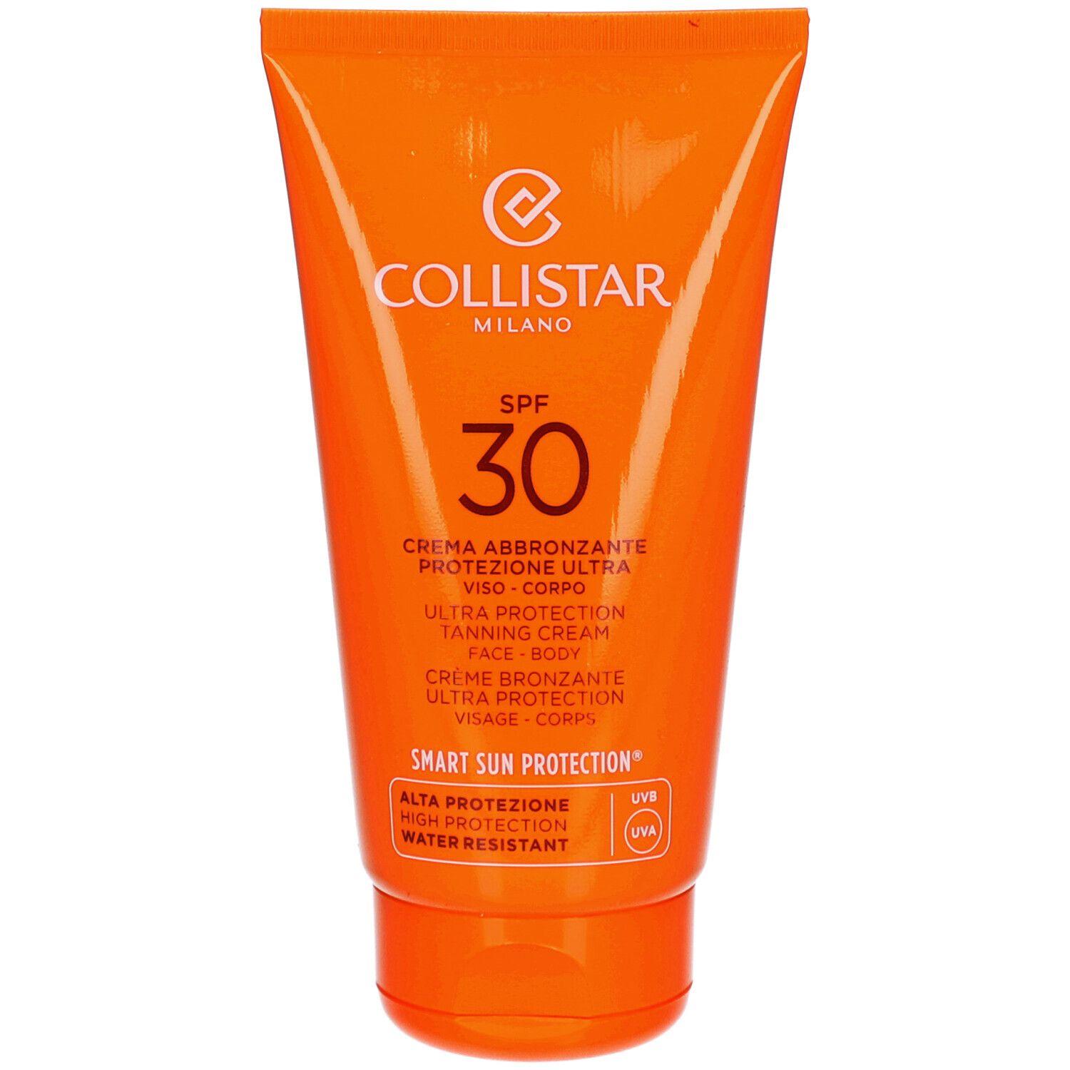Orange Tube mit Collistar Milano Logo, SPF 30. Ultra Protection Tanning Cream für Gesicht und Körper. Wasserfest.