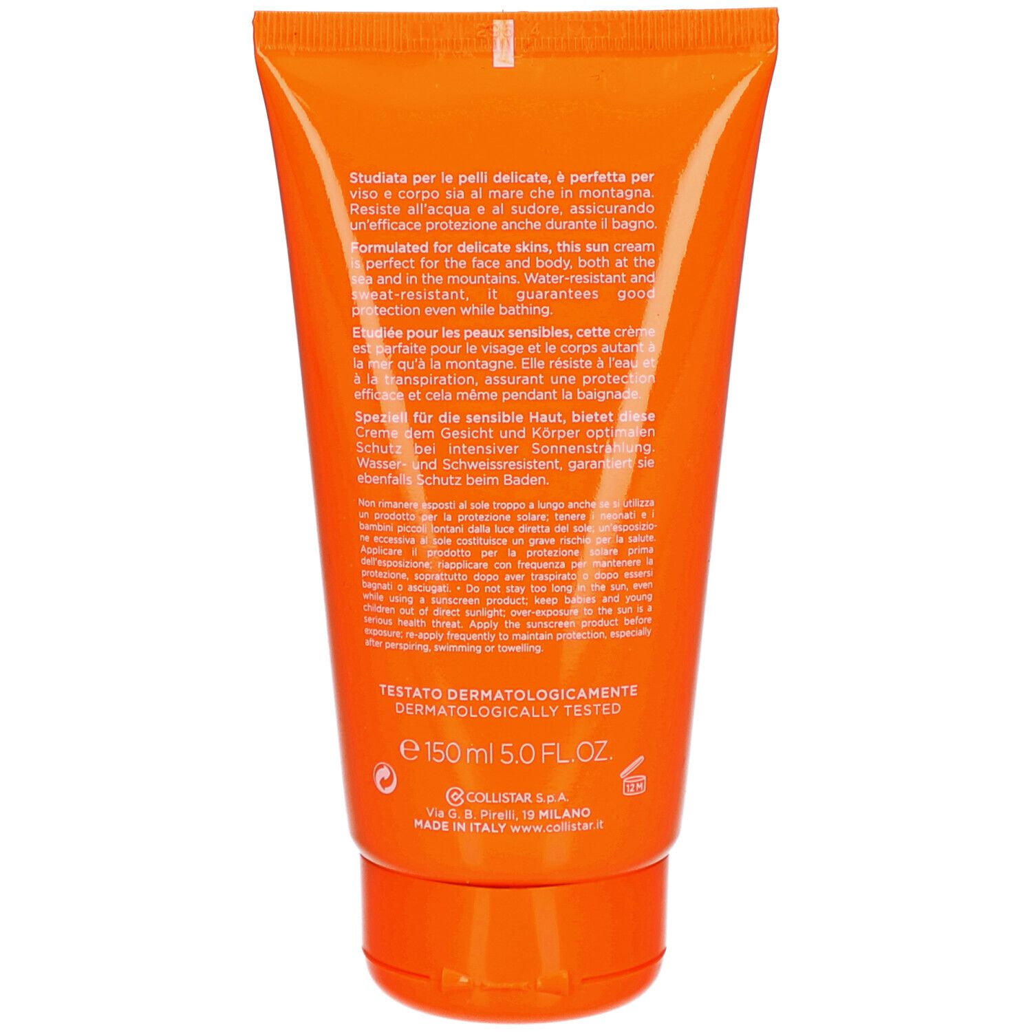 Rückseite der Tube. Text in mehreren Sprachen. Dermatologisch getestet. 150ml. Hergestellt in Italien.