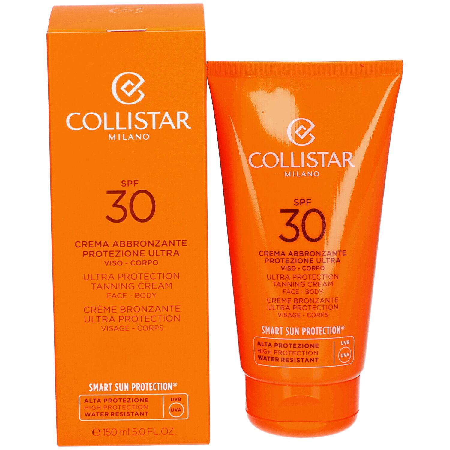 Orangefarbene Schachtel und Tube. Collistar Milano, SPF 30. Ultra Protection Tanning Cream. Wasserfest.