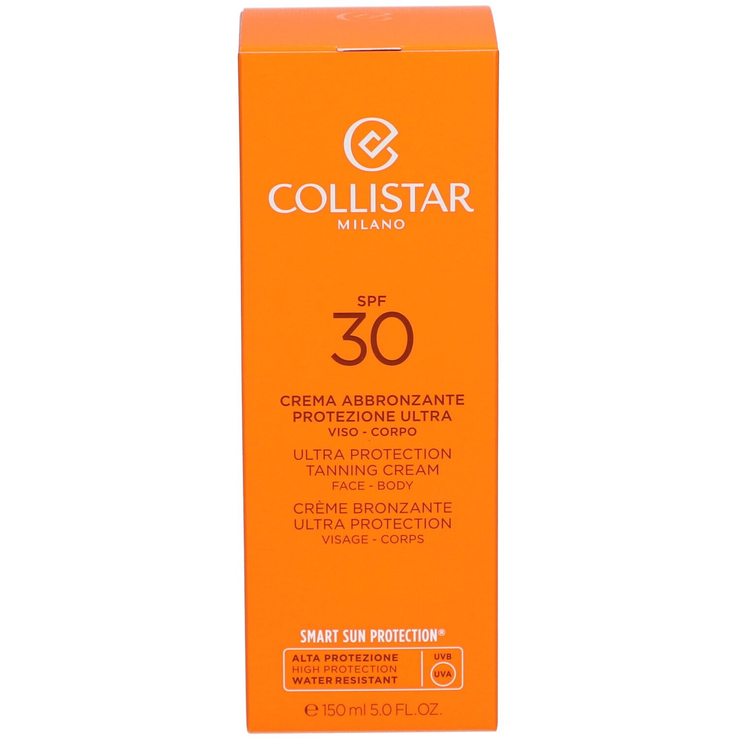 Orangefarbene Schachtel. Collistar Milano, SPF 30. Ultra Protection Tanning Cream. Wasserfest.