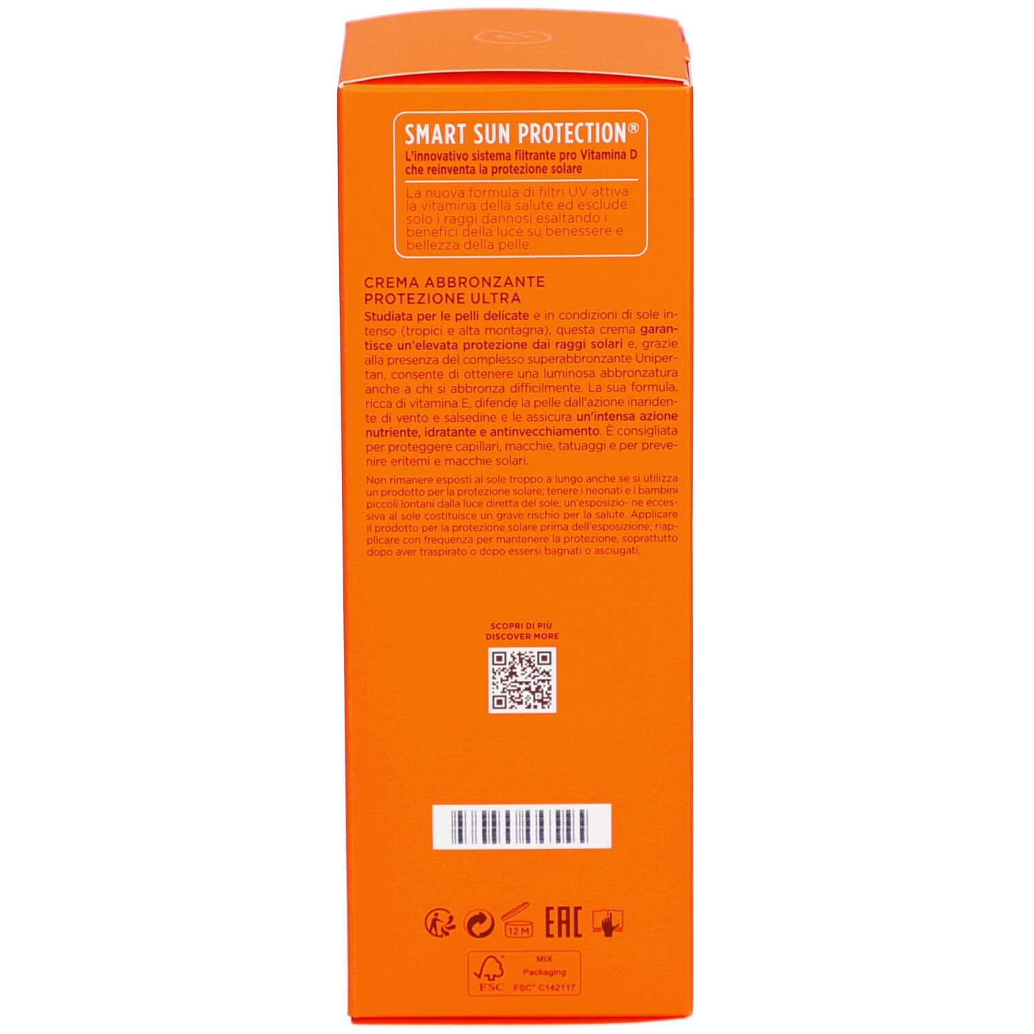 Rückseite der Schachtel. Text in mehreren Sprachen. QR-Code. Umweltzeichen. Hergestellt in Italien.