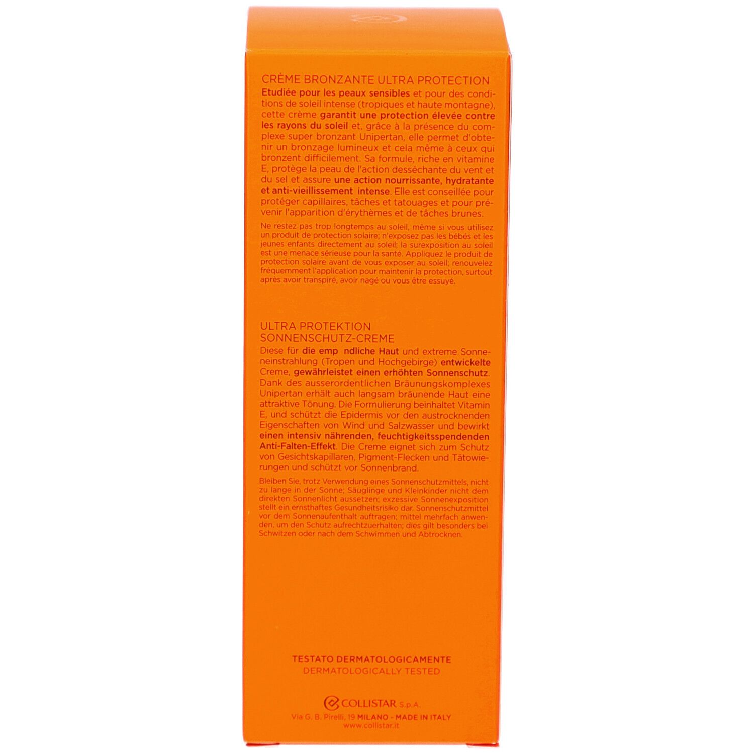 Rückseite der Schachtel. Text in mehreren Sprachen. Dermatologisch getestet. Hergestellt in Italien.