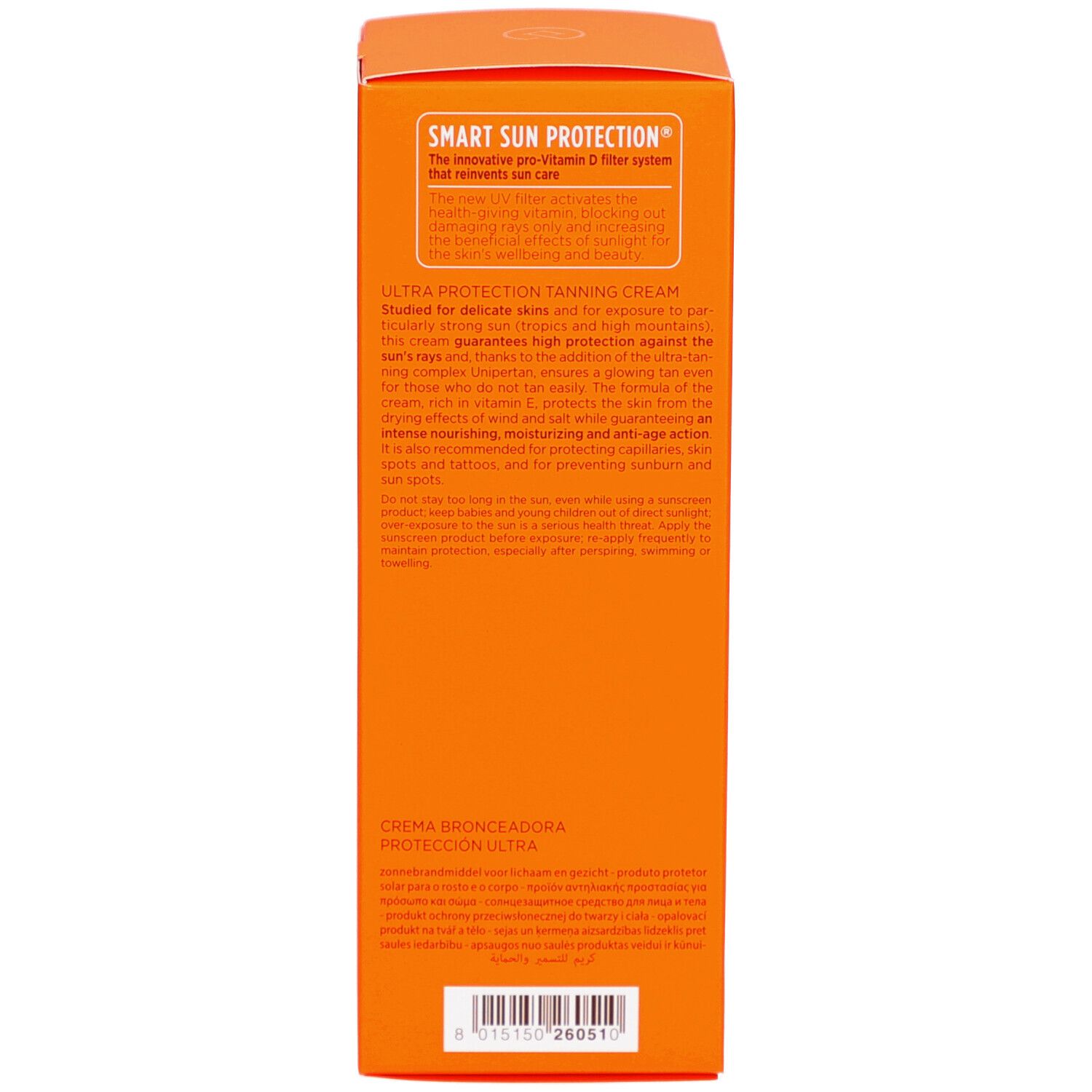Rückseite der Schachtel. Text in mehreren Sprachen. Barcode. Hergestellt in Italien.