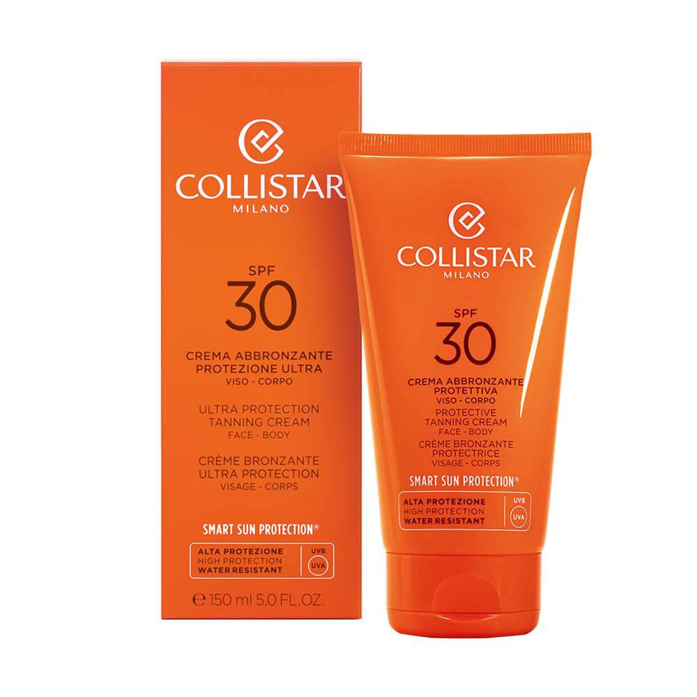 Emballage et tube orange. Marque : Collistar Milano. Contient SPF 30. Texte : Ultra Protection Tanning Cream.