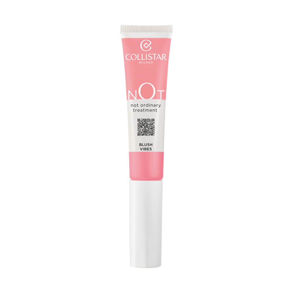 Tube rose avec applicateur blanc. Texte: Collistar, NOT, Blush Vibes.