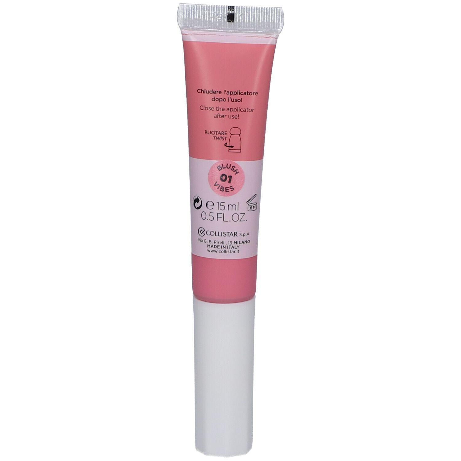 Tube rose avec applicateur blanc. Texte: Blush Vibes 01, 15ml, Collistar.