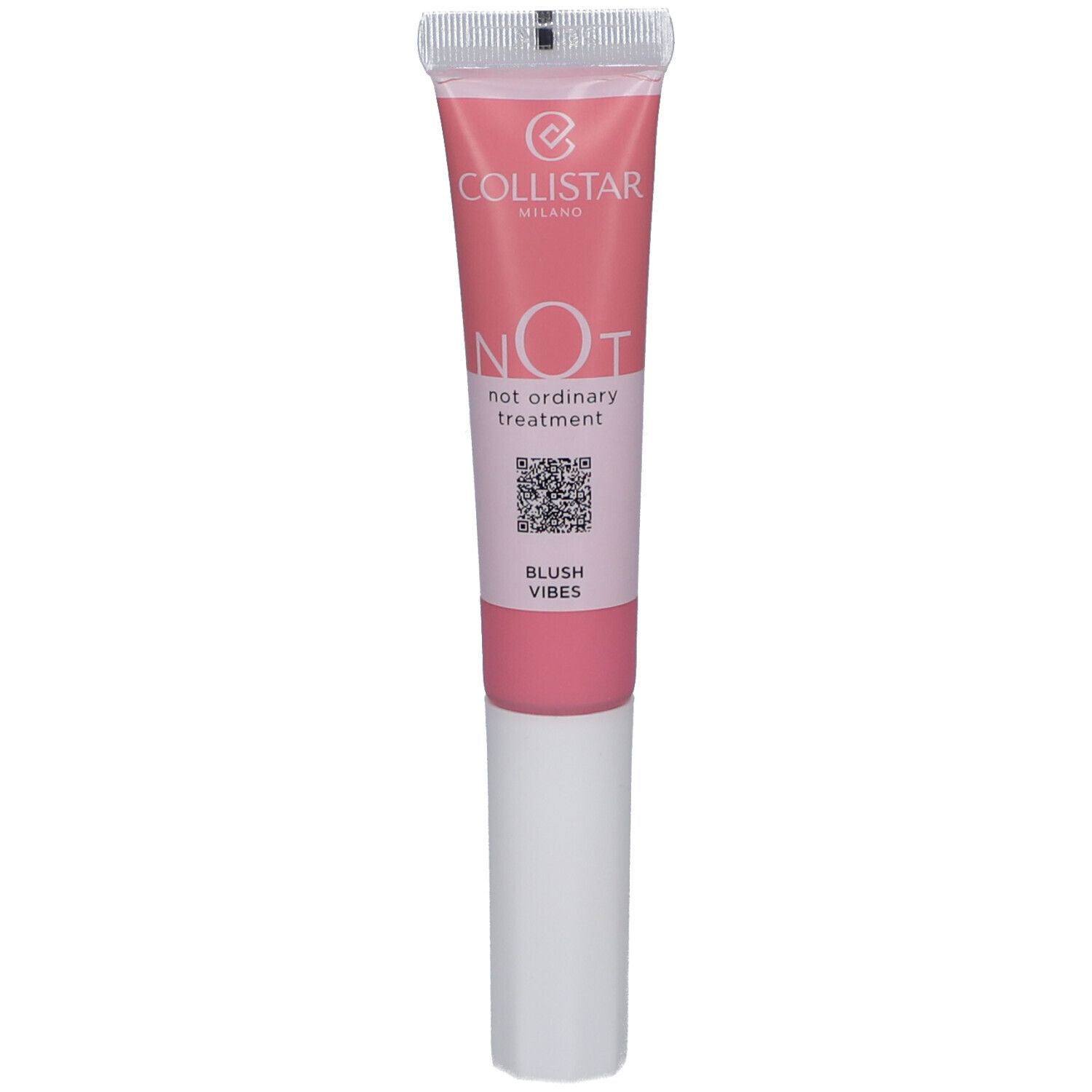 Tube rose avec applicateur blanc. Texte: Collistar, NOT, Blush Vibes.