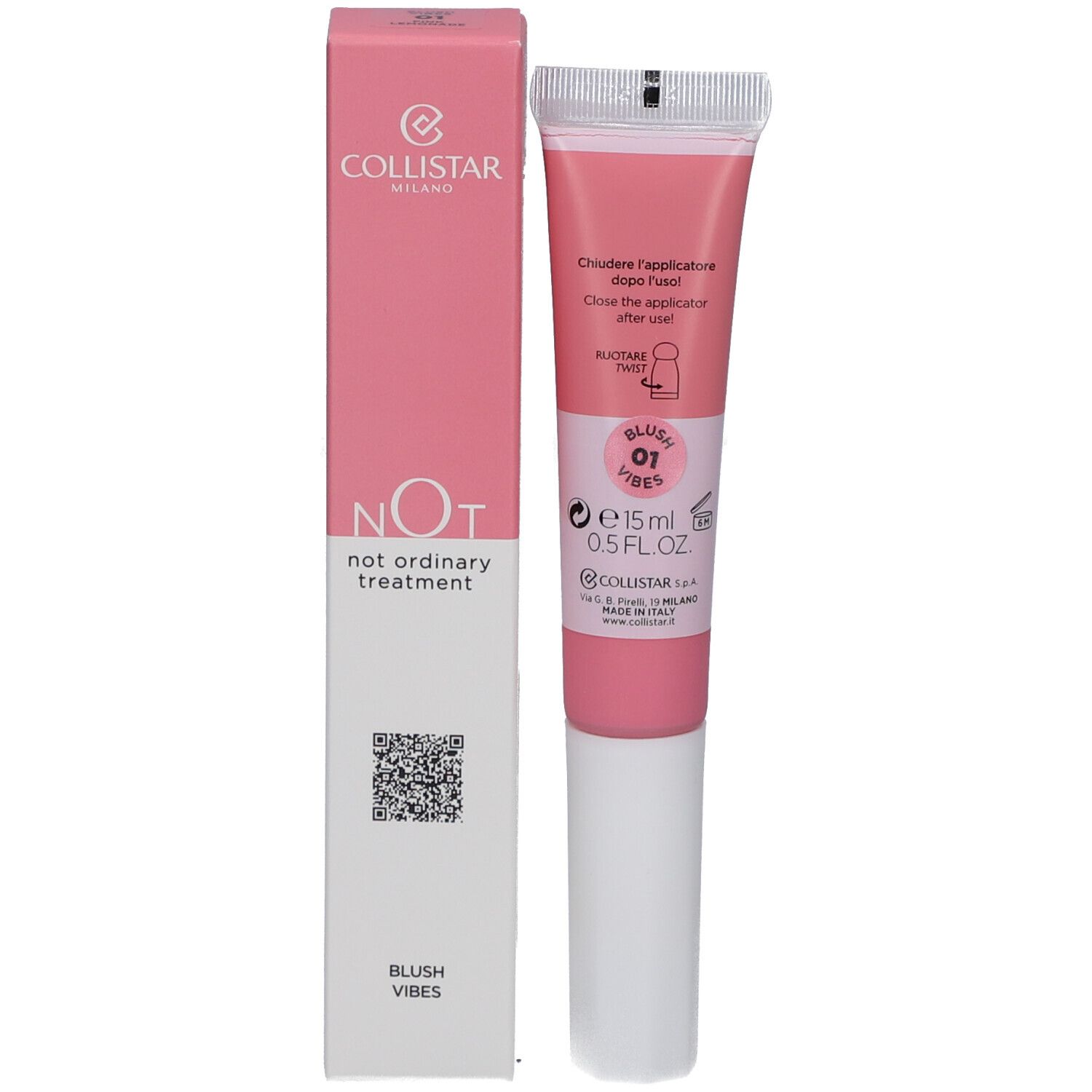 Emballage et tube roses. Texte: Collistar, NOT, Blush Vibes. Tube avec applicateur.