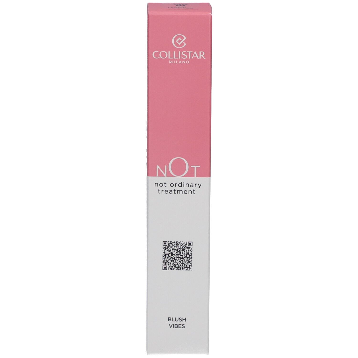 Emballage rose. Texte: Collistar, NOT, Blush Vibes. Code QR.