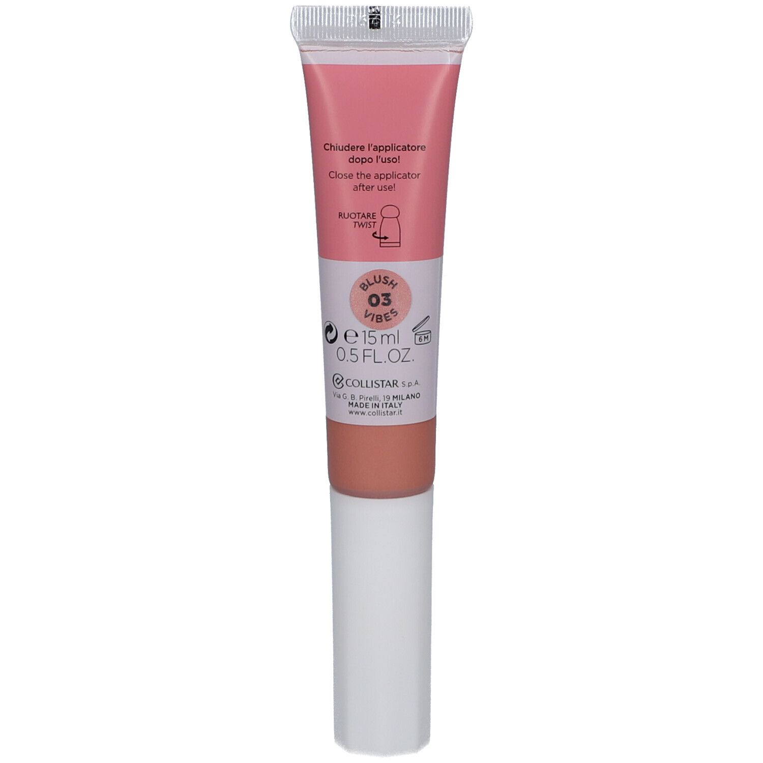 Blush-Tube mit Applikator. Farbton 03. 15 ml. Aufschrift: Blush Vibes. Hersteller: Collistar.