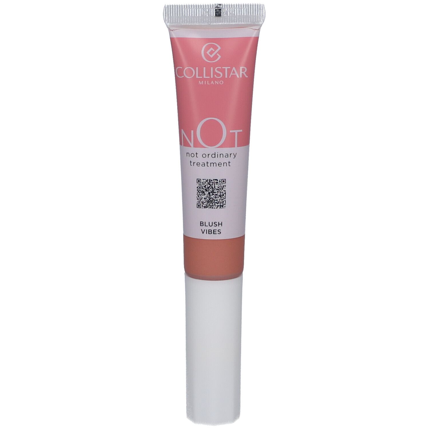 Blush-Tube, rosa. Aufschrift: Collistar, NOT, Blush Vibes. QR-Code. Weißer Applikator.