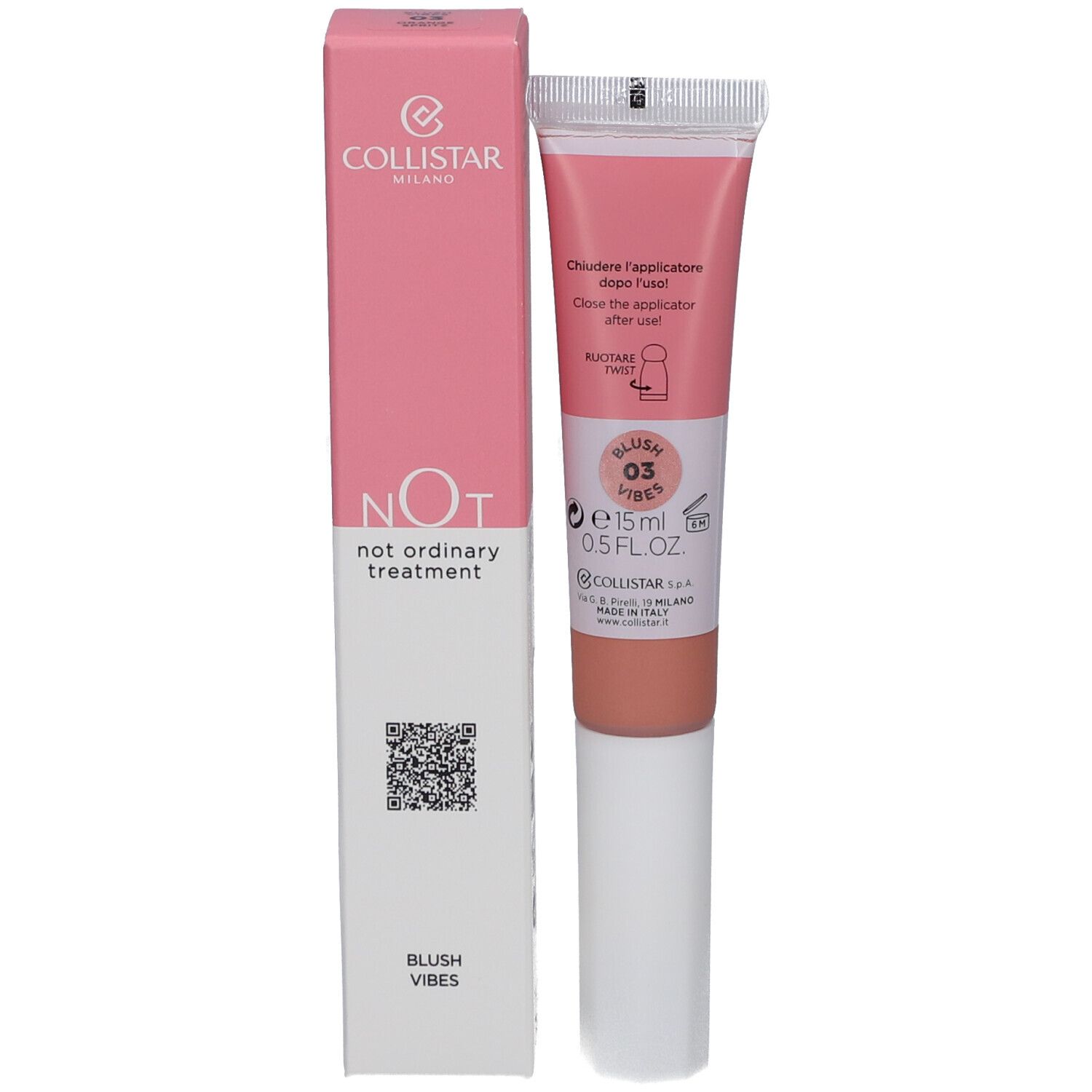 Blush-Tube und Verpackung. Aufschrift: Collistar, NOT, Blush Vibes. QR-Code. Rosa Verpackung.