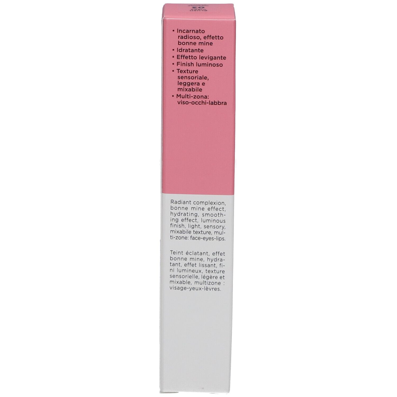 Verpackung, Seite. Text: Radiant complexion, hydratante, finish lumineux, multi-zone. Hersteller: Collistar.