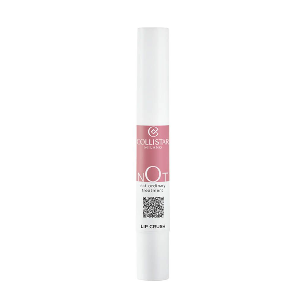 Bâton de soin pour les lèvres blanc avec section rose. Inscription : NOT, not ordinary treatment, LIP CRUSH. Marque : Collistar.