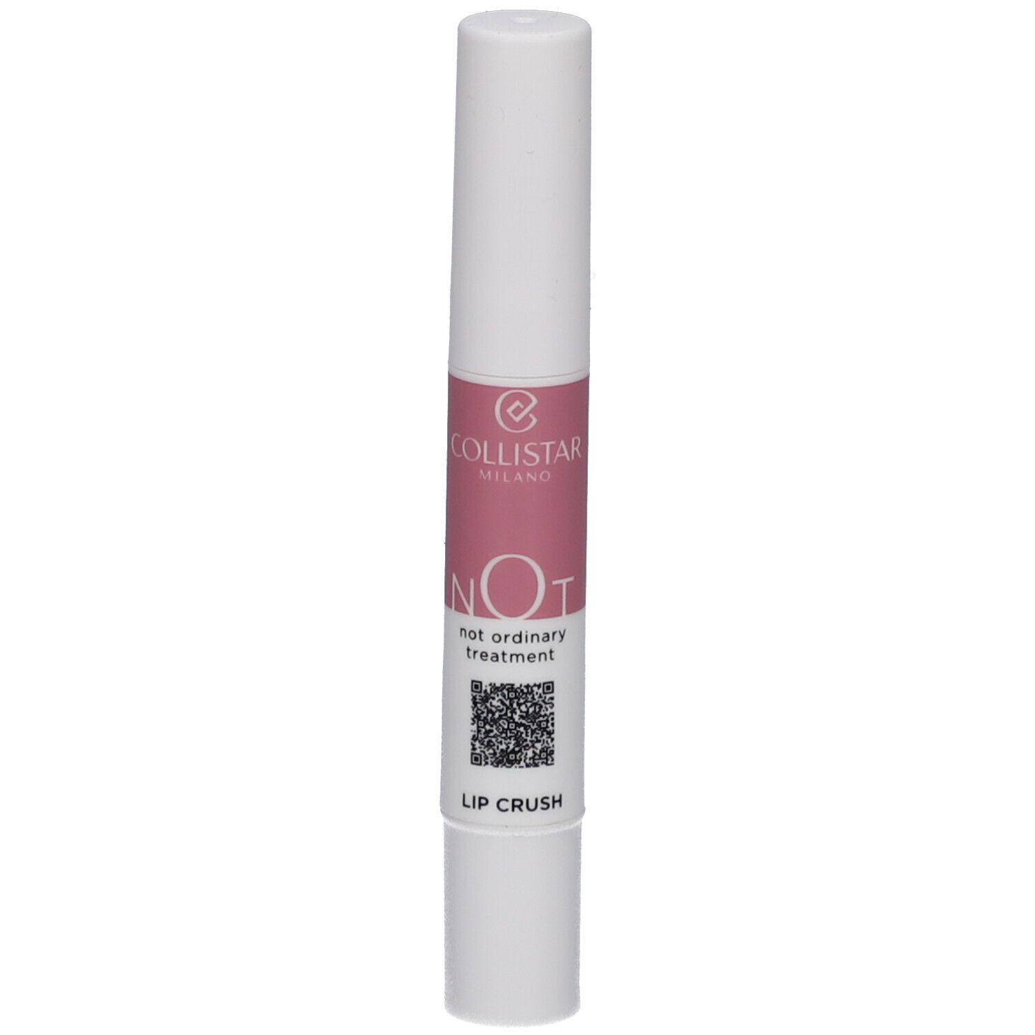 Weißer Lippenbalsam-Stift mit rosa Mittelteil. Aufschrift: NOT, not ordinary treatment, LIP CRUSH. Marke: Collistar.