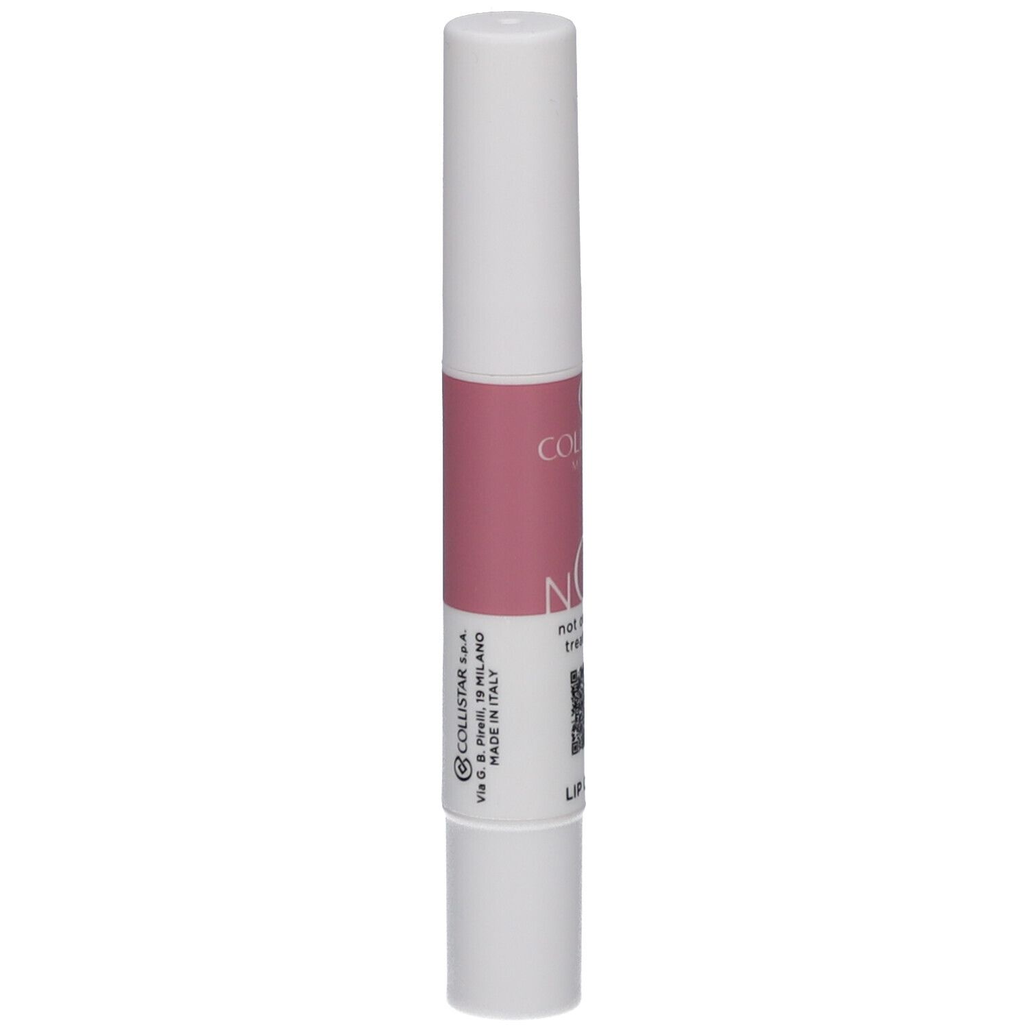 Weißer Lippenbalsam-Stift mit rosa Mittelteil. Aufschrift: NOT, not ordinary treatment, LIP CRUSH. Marke: Collistar.